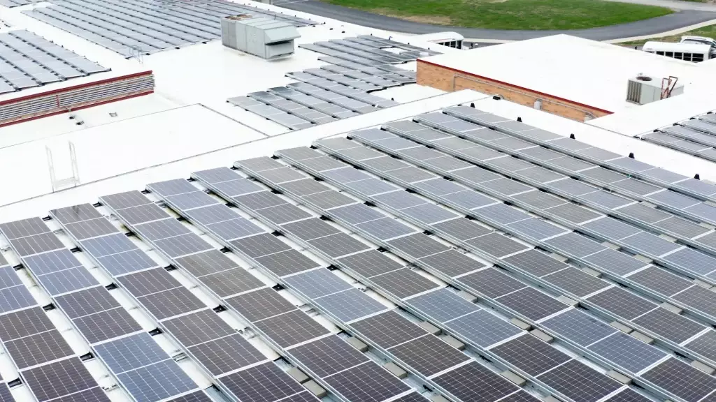 Solar panels on commercial roof.