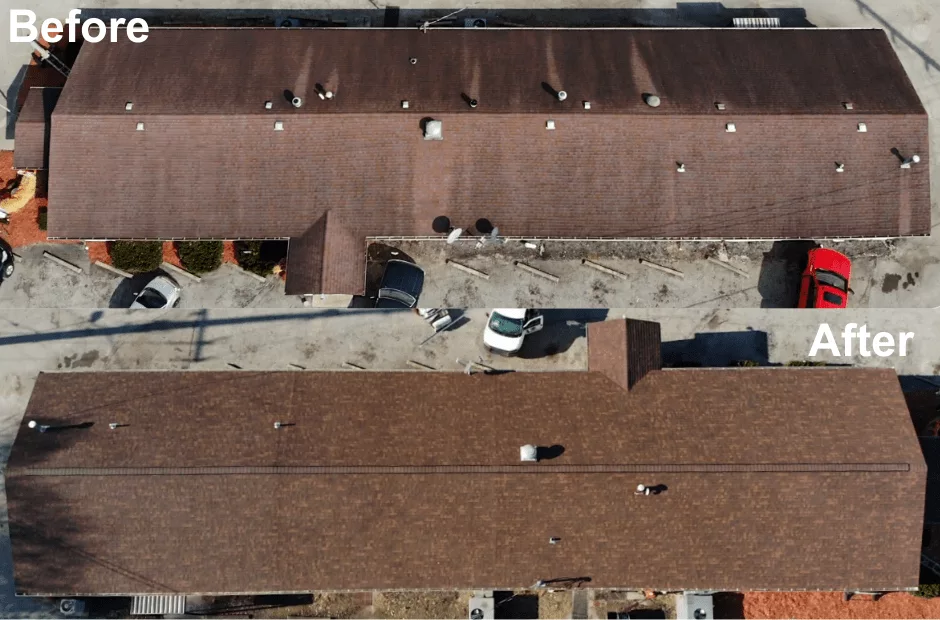 Vet Day reroofing before after overhead